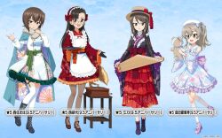 4girls apron asa_no_ha_(pattern) asymmetrical_bangs bare_shoulders beret black_boots black_gloves black_hair blue_background blue_bow blue_dress blunt_bangs blush boater_hat boko_(girls_und_panzer) boots bow brown_eyes brown_hair brown_pantyhose cape character_name cloud_print detached_sleeves dress floral_print frilled_apron frilled_dress frilled_sleeves frills full_body fur_trim girls_und_panzer girls_und_panzer_senshadou_daisakusen! glasses gloves gradient_background green_cape green_dress green_sash hair_between_eyes hairband half_gloves hat hat_bow high_heels highres holding holding_stuffed_toy holding_teddy_bear instrument japanese_clothes kantele kikkoumon kimono kimono_dress layered_skirt legs lolita_hairband long_hair long_sleeves looking_at_viewer mika_(girls_und_panzer) multicolored_dress multiple_girls nishi_kinuyo nishizumi_maho official_art one_side_up orange_sash pantyhose phonograph purple_boots purple_kimono purple_sash purple_shoes record red_bow red_dress red_ribbon red_sash red_skirt ribbon round_eyewear sailor_collar sash shimada_arisu shoes short_hair shoulder_strap skirt smile socks standing strappy_heels stuffed_toy thigh_strap thighhighs thighs translated white_apron white_dress white_gloves white_hat white_sailor_collar white_socks white_thighhighs wide_sleeves