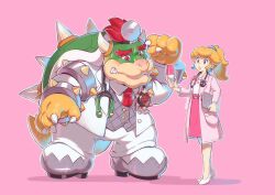 1boy 1girl armlet belt blonde_hair blue_eyes bowser bracelet clipboard coat collared_shirt dr._bowser dr._mario_(game) dr._mario_world dr._peach earrings grey_vest high-waist_skirt high_heels highres holding holding_clipboard holding_pill horns jacket jewelry lab_coat long_coat looking_at_object mario_(series) necktie nintendo official_alternate_costume open_clothes open_coat open_jacket pants pink_background pink_belt pink_coat pink_skirt ponytail princess_peach red_eyes red_hair red_necktie saiwo_(saiwoproject) shirt shoes simple_background skirt sphere_earrings spiked_armlet spiked_bracelet spikes stethoscope vest white_footwear white_jacket white_pants white_shirt