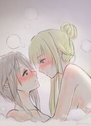 Rule 34 | 2girls, ange (princess principal), bath, bathing, blonde hair, blue eyes, blush, breasts, bubble bath, collarbone, eye contact, grey hair, hair bun, half-closed eyes, imminent kiss, implied sex, long hair, looking at another, medium breasts, multiple girls, neck, nude, parted lips, princess (princess principal), princess principal, same-sex bathing, shared bathing, short hair, sideboob, signature, white background, xin (blueramen), yuri