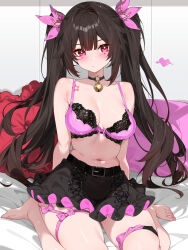 1girl barefoot bell belt black_belt black_bow black_choker black_hair black_skirt bow bow_bra bra breasts choker closed_mouth collarbone flower_tattoo hair_between_eyes hair_intakes hair_ornament highres honkai:_star_rail honkai_(series) indoors jingle_bell large_breasts long_hair looking_at_viewer navel neck_bell on_bed pillow pink_bow pink_bra pink_eyes pink_nails sitting skirt solo sparkle_(honkai:_star_rail) tattoo thighs twintails underwear waterring
