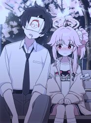 Rule 34 | 1boy, 1girl, absurdres, ahoge, bench, blue archive, blush, drooling, hair bun, highres, loose necktie, natsu (band) (blue archive), natsu (blue archive), necktie, night, official alternate costume, open mouth, pink hair, red eyes, saliva, sensei (blue archive), sensei (blue archive the animation), shirt, single side bun, skirt, sleeves rolled up, sweatdrop, vector (dmlddmld00), white shirt