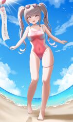 1girl absurdres alice_(nikke) beach blue_sky breasts cloud day eyewear_on_head goddess_of_victory:_nikke grey_hair highleg highleg_one-piece_swimsuit highres horizon long_hair medium_breasts ocean one-piece_swimsuit outdoors pink_eyes sand sidelocks sky smile solo swimsuit twintails two-tone_swimsuit water yomining