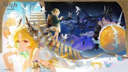 3girls arknights backpack bag bird black_dress black_hair blonde_hair border camera closed_eyes commentary copyright_name crown dove dress full_body green_hair green_jacket highmore_(arknights) highres hoirn holding holding_camera horns jacket lens_(arknights) long_hair multiple_girls nail_polish official_art philae_(arknights) red_eyes scene_(arknights) short_hair stairs upper_body veil walking white_dress