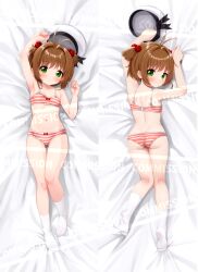 1girl ass bra brown_hair cardcaptor_sakura comodox dakimakura_(medium) green_eyes hair_ornament hat highres kinomoto_sakura loli lying multiple_views panties sample_watermark socks striped_bra striped_clothes striped_panties underwear underwear_only unworn_headwear watermark
