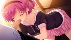 1boy 1girl black_bow black_hairband black_hoodie black_thighhighs bow breasts censored closed_eyes collarbone covered_erect_nipples cowboy_shot dutch_angle erection fellatio fingernails frilled_bow frills fumio_(ura_fmo) furrowed_brow game_cg grisaia_(series) grisaia_no_kajitsu hair_bow hairband handjob highres hood hoodie kazami_yuuji kneeling komine_sachi leaning_forward light_blush light_rays long_eyelashes long_fingernails medium_breasts miniskirt mosaic_censoring non-web_source oral out_of_frame penis pink_hair pink_skirt pleated_skirt pov raised_inner_eyebrows shirt short_hair short_sleeves sidelocks skirt sunbeam sunlight swept_bangs thick_eyelashes thighhighs thighs three_quarter_view two_side_up white_shirt