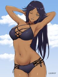 1girl absurdres armpit_crease armpits arms_behind_head artist_name bikini bleach bleach:_brave_souls bleach:_sennen_kessen-hen breasts cloud collarbone dark-skinned_female dark_skin female_focus hair_down highres lxzvcr medium_breasts navel official_alternate_costume purple_hair shihouin_yoruichi shiny_skin sky stomach strapless swimsuit wet yellow_eyes