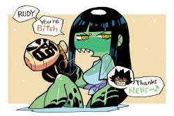 2girls absurdres black_hair black_skin blush colored_skin commentary drunk english_text gourd green_skin highres holding in_water kappa long_hair looking_at_viewer monster_girl multicolored_skin multiple_girls neneko_(rariatto) open_mouth original out_of_frame profanity rariatto_(ganguri) ringed_eyes rudy_(rariatto) sitting solo_focus two-tone_skin yellow_eyes