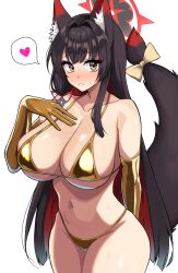 1girl animal_ear_fluff animal_ears arm_behind_back armpit_crease bare_shoulders bikini black_hair black_halo blue_archive blunt_bangs blunt_ends blush bow breasts cleavage collarbone colored_inner_hair commentary_request cowboy_shot elbow_gloves flower fox_ears fox_girl fox_tail gloves gold_bikini gold_gloves groin hair_flower hair_ornament hair_ribbon halo halterneck hand_on_own_chest hand_up heart highres large_breasts light_smile long_hair looking_at_viewer mahinatayuzu multicolored_hair multicolored_halo navel nose_blush parted_lips pink_ribbon purple_flower raised_eyebrows red_halo ribbon sidelocks simple_background solo speech_bubble spoken_heart standing stomach string_bikini sweat swimsuit tail tail_bow tail_ornament tail_raised two-tone_hair two-tone_halo underboob very_long_hair wakamo_(blue_archive) weapon white_background yellow_bow yellow_eyes