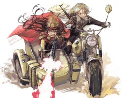 2girls ammunition_belt armored_boots assault_rifle black_hair black_hat blonde_hair bmw bmw_r75 boots cape commission commissioner_upload driving fate/grand_order fate_(series) firing girls&#039;_frontline gloves green_eyes gun hat highres kappa_modoki long_hair machine_gun mg42 military_hat military_uniform military_vehicle motor_vehicle motorcycle multiple_girls necktie non-web_source oda_nobunaga_(fate) on_motorcycle red_eyes rifle sidecar skeb_commission stg44 stg44_(girls&#039;_frontline) weapon white_background white_gloves