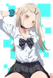 1girl :o absurdres alternate_costume arm_behind_back black_bow black_bowtie black_choker blue_scrunchie blush bow bowtie breasts choker collarbone collared_shirt commentary concept_gyarus_(idolmaster) dated diagonal-striped_bow diagonal-striped_bowtie diagonal-striped_clothes dot_nose eyelashes gakuen_idolmaster grey_hair grey_skirt gyaru hair_ornament hairpin hand_on_own_head head_tilt heart heart_choker highres idolmaster long_hair looking_at_viewer loose_bowtie nokino_shida open_collar out_of_frame plaid_clothes plaid_skirt pleated_skirt school_uniform scrunchie shinosawa_hiro shirt signature single_sidelock sitting skirt sleeves_rolled_up small_breasts solo striped_clothes thick_eyelashes wariza white_background white_shirt wrist_scrunchie
