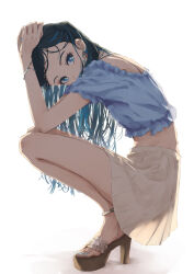 1girl 22/7 absurdres backlighting black_hair blue_eyes blue_hair blue_nails blue_shirt bracelet bright_pupils brown_sandals commentary covered_mouth earrings english_commentary eyelashes feet flower_earrings forehead frilled_shirt frilled_sleeves frills from_side full_body hair_over_shoulder hands_up highres jewelry kurubushinenza long_hair looking_at_viewer midriff miniskirt multicolored_hair nail_polish nishiura_sora pleated_skirt sandals shirt short_sleeves simple_background skirt solo squatting straight_hair streaked_hair toenail_polish toenails toes white_background white_pupils white_skirt
