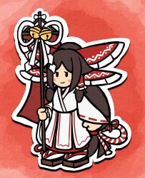 1girl absurdly_long_hair absurdres bell bow chihaya_(clothing) foul_detective_satori frilled_bow frilled_hair_tubes frills gensokyo&#039;s_first_hakurei_miko hair_bow hair_tubes highres holding huge_bow japanese_clothes jingle_bell long_hair long_sleeves mario_(series) mcsquiddies miko nintendo paper_mario ribbon-trimmed_sleeves ribbon_trim sandals touhou very_long_hair wide_sleeves