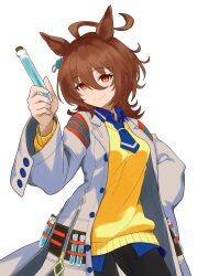 1girl agnes_tachyon_(umamusume) ahoge black_necktie black_pantyhose black_shirt breasts chemical_structure closed_mouth coat collared_shirt commentary_request earrings hair_between_eyes hand_up hem_peeking_out highres holding holding_test_tube huge_ahoge jewelry lab_coat long_hair long_sleeves medium_breasts multiple_girls necktie oyuharuo pantyhose pen pleated_skirt red_eyes shirt short_necktie simple_background single_earring skirt solo sweater test_tube umamusume white_background white_coat white_sleeves yellow_sweater