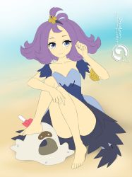 1girl :3 acerola_(pokemon) armlet artist_name ass barefoot beach blue_eyes clenched_hands collarbone convenient_leg creatures_(company) dress elite_four eyelashes feet fingernails flat_chest full_body game_freak gen_7_pokemon hand_on_own_knee hand_up happy jewelry knees_up legs looking_to_the_side medium_hair neck nintendo no_panties orcaleon outdoors patch pokemon pokemon_(creature) pokemon_sm ponytail purple_dress purple_hair sandygast short-sleeved_dress short_dress short_ponytail short_sleeves sidelocks sitting size_difference smile soles stitches summer thighs toenails toes upskirt