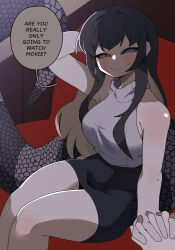absurdres arm_behind_head arm_up bare_legs bare_shoulders black_hair black_sclera black_skirt blonde_hair blush breasts colored_inner_hair colored_sclera colored_speech_bubble english_text gomulgong grey_eyes grey_hair heterochromia highres holding_hands king_cobra_(gomulgong) long_hair medium_breasts monster_girl multicolored_hair original pov sidelocks sitting skirt sleeveless sleeveless_turtleneck smile snake_girl snake_tail speech_bubble tail turtleneck yellow_eyes