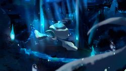 absurdres animal_focus blue_fire blue_theme bubble creatures_(company) crown fire from_behind full_body game_freak gen_2_pokemon gen_5_pokemon highres jellicent jellicent_(male) jellyfish legendary_pokemon lugia mini_crown nintendo no_humans one-hour_drawing_challenge pokemon pokemon_(creature) ruins solo_focus stairs umi_hire underwater