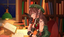 book bookshelf bow bowtie brown_hair chair detached_sleeves gloves green_headwear hat highres hojo_studio holding holding_quill inkwell jennyy_van_7 medium_hair night night_sky paper pointy_ears quill red_bow red_bowtie sim_chan sitting sky star_(sky) virtual_youtuber window