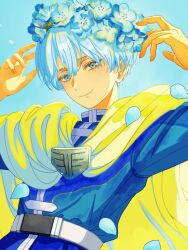 Rule 34 | 1boy, animated, animated gif, belt, blinking, blue eyes, blue flower, blue hair, blue shirt, blue sky, cloak, commentary request, day, falling petals, flower, flower wreath, hair flower, hair ornament, hands up, highres, himmel (sousou no frieren), looking at viewer, male focus, mole, mole under eye, nakauma, outdoors, petals, shirt, short hair, sky, smile, solo, sousou no frieren, white belt, white cloak