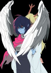 Rule 34 | 1girl, 1other, absurdres, angel wings, antlers, armor, black background, blonde hair, blue hair, blue skin, breastplate, cape, colored skin, covered face, cowboy shot, deer antlers, deltarune, feathered wings, highres, horns, kris (dark world) (deltarune), kris (deltarune), long hair, noelle holiday, noelle holiday (dark world), pink cape, red eyes, robe, shaded face, short hair, simple background, standing, sukhee pk, tearing up, white robe, white wings, wing hug, wings