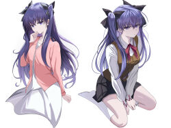 absurdres alternate_universe black_skirt breaker_gorgon brown_vest child command_spell contemporary corruption cosplay dark_persona fate/stay_night fate_(series) hair_ribbon heaven&#039;s_feel highres homurabara_academy_school_uniform long_hair long_legs matou_sakura matou_sakura_(cosplay) multiple_girls neck_ribbon print_ribbon purple_eyes purple_hair red_ribbon ribbon role_reversal scar school_uniform shokobr siblings sisters skirt thighhighs tohsaka_rin two_side_up vest