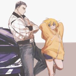 1boy 1girl belt black_hair blonde_hair car crossed_arms don_quixote_(project_moon) expressionless highres jacket leaning_against_vehicle leaning_on_object leg_up limbus_company meursault_(project_moon) motor_vehicle project_moon short_hair shorts smile standing standing_on_one_leg wenli