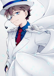 1boy blue_eyes blue_shirt brown_hair cape commentary_request hand_in_pocket hat jacket kaitou_kid kuroba_kaito magic_kaito male_focus meitantei_conan monocle red_eyes shirt smile solo suzuakks top_hat tuxedo upper_body white_cape white_hat white_jacket
