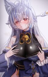 1girl :o absurdres animal_ear_fluff animal_ears armpit_crease bare_shoulders bell belt_collar blue_bow blue_hair blue_kimono blush bow breasts breath cleavage collar commentary_request commission detached_sleeves flower-shaped_pupils flower_knot flower_ornament fox_ears hair_between_eyes hair_ornament hair_stick half_updo hands_on_own_chest highres japanese_clothes jingle_bell kim_geubung kimono korean_commentary long_hair long_sleeves looking_to_the_side multicolored_hair neck_bell obi original pelvic_curtain red_eyes sash sleeveless sleeveless_kimono solo streaked_hair sweat symbol-shaped_pupils tassel waist_bow white_background white_hair