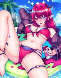 Rule 34 | 1girl, beach, bikini, black jacket, blue hair, blurry, blurry background, blush, breasts, double halo, eroneko93, halo, heterochromia, highres, hololive, hololive english, holonatsu paradise, irys (hololive), irys (holonatsu paradise) (hololive), jacket, large breasts, ocean, official alternate costume, palm tree, pointy ears, purple eyes, purple hair, red bikini, red hair, solo, star halo, swim ring, swimsuit, tongue, tongue out, tree, virtual youtuber, water