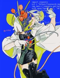1other animal_ears black_boots black_eyes black_shirt blue_background blue_screen_of_death body_horror boots cable coat cracked_skin dajiafengfan25164 english_text error_message flower gloves headset hole_in_chest hole_on_body knee_boots lapels leaf necktie original plant red_flower red_tulip shirt short_hair solo tulip two-sided_fabric white_coat white_gloves white_hair