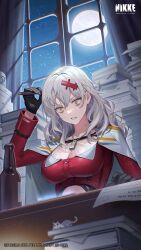 1girl beer_bottle black_gloves book book_stack breasts cleavage full_moon gloves goddess_of_victory:_nikke grey_hair hair_between_eyes hair_intakes highres holding holding_pen indoors jewelry large_breasts long_hair looking_at_viewer moon necklace night night_sky official_art paper_stack papers pen red_shirt ress sharp_teeth shirt sky solo teeth yellow_eyes yulha_(nikke)