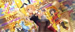 &gt;_&lt; 2boys 3girls ;p animal_ear_hairband animal_ears aqua_(konosuba) arm_strap armpit_crease ass bandaged_leg bandages bare_shoulders belt black_bow black_gloves black_leotard black_thighhighs blonde_hair blue_eyes blue_hair blue_shirt blue_skirt blunt_bangs bow breasts brochure brown_belt brown_hair casino cecily_(konosuba) clothing_cutout collar detached_collar dress dust_(konosuba) fake_animal_ears fake_tail fingerless_gloves fishnet_leotard fishnet_pantyhose fishnets from_below game_cg gloves hair_bow hair_rings hairband hands_up high_heels highres holding holding_paper holding_tray indoors kono_subarashii_sekai_ni_shukufuku_wo! konosuba!_fantastic_days large_breasts leg_up leotard long_hair looking_at_viewer low-tied_sidelocks megumin miniskirt multiple_boys multiple_girls neckerchief off-shoulder_dress off_shoulder official_alternate_costume official_art one_eye_closed open_mouth pantyhose paper playboy_bunny poker_chip pumps rabbit_ear_hairband rabbit_ears rabbit_tail red_dress red_eyes red_footwear red_neckerchief shaded_face shirt short_dress short_hair short_hair_with_long_locks sidelocks single_hair_ring single_thighhigh skirt sleeveless sleeveless_shirt standing standing_on_one_leg strapless strapless_leotard tail thighhighs thighs tongue tongue_out tray underboob_cutout v-shaped_eyebrows white_collar white_wrist_cuffs wide-eyed wrist_cuffs