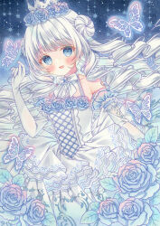 1girl blue_eyes blue_flower blue_rose blue_theme blush bow bowtie brooch bug butterfly commentary cowboy_shot crown double_bun dress elbow_gloves flower gloves hair_bun highres insect jewelry long_hair marker_(medium) open_mouth original puu_(kari---ume) rose smile solo tareme traditional_media white_bow white_bowtie white_dress white_gloves white_hair