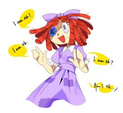 1girl 1m_0_animeweeb blue_bow blue_dress bow button_eyes buttons commentary dress english_text hair_bow hashtag-only_commentary highres open_mouth puffy_short_sleeves puffy_sleeves ragatha_(the_amazing_digital_circus) red_hair short_hair short_sleeves smile solo sweat the_amazing_digital_circus triangle_nose white_background