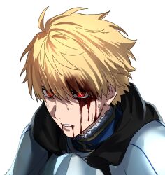 1boy absurdres alternate_eye_color armor arthur_pendragon_(fate) blonde_hair blood blood_in_hair blood_on_face fate/prototype fate_(series) high_collar highres looking_ahead male_focus parted_lips portrait red_eyes seseragi_azuma short_hair simple_background solo sweat white_background