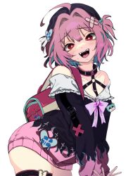 1girl absurdres ahoge backpack bag bandaid bandaid_hair_ornament bare_shoulders between_breasts black_hat blue_hair blush bow breasts dress fangs flame_print hair_ornament hat highres idolmaster idolmaster_cinderella_girls looking_at_viewer multicolored_hair name_tag one_side_up open_mouth pink_bow pink_hair randoseru red_eyes short_dress short_hair simple_background solo strap_between_breasts sweat thigh_strap umashio_potechi-san white_background yumemi_riamu