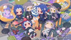 1boy 1girl artist_name black_jacket black_shoes blue_hair blue_jacket carbon_roller_(splatoon) chibi chibi_only closed_mouth collared_shirt detached_arm dress_shirt dualie_squelchers_(splatoon) earrings figure full_body furrowed_brow gradient_hair grey_hair grey_pants grey_shirt grey_shoes grey_socks guitar hair_flaps hairband headphones headphones_around_neck highres inkling_girl inkling_player_character instrument instrument_on_back jacket jewelry lying medium_hair multicolored_hair multiple_views nintendo octoling_boy octoling_player_character on_back open_clothes open_jacket pabuk5w pants parted_bangs ponytail purple_hair purple_hairband red_eyes ring_hair_ornament shirt shoes short_hair skateboard socks splatoon_(series) splatoon_3 teardrop_facial_mark watermark white_shirt yellow_eyes