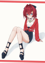 1girl ange_katrina ange_katrina_(2nd_costume) arm_support ayuko_ammobium bare_legs belt black_bow black_shoes black_skirt blue_eyes blush bow breasts closed_mouth collared_shirt commentary_request crossed_bangs dot_nose full_body gold_necklace hair_between_eyes hair_bow hair_intakes halter_shirt halterneck high-waist_skirt highres jacket jewelry knees_together_feet_apart leaning_back long_bangs looking_at_viewer medium_hair miniskirt necklace nijisanji open_clothes open_jacket platform_shoes pleated_skirt red_hair red_jacket shadow shirt shirt_tucked_in shoes simple_background sitting skirt sleeveless sleeveless_shirt sleeves_past_wrists small_breasts smile solo virtual_youtuber white_background white_belt white_shirt