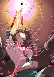 1girl absurdres arm_up bird_wings black_legwear black_wings blouse bow breasts brown_hair caution collared_shirt commentary commentary_request control_rod_(touhou) english_text green_bow green_skirt hair_bow highres kawayabug long_hair looking_at_another medium_breasts midriff_peek open_clothes radiation_symbol radiation_symbol-shaped_pupils red_eyes reiuji_utsuho rock shirt short_sleeves skirt solo sparkle standing sun symbol-shaped_pupils teeth third_eye torn_clothes torn_sleeves touhou uneven_eyes white_shirt wings