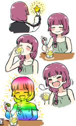 1girl :d alcohol alcohol_carton black_jacket blush bocchi_the_rock! braid carton closed_eyes cup dress drinking drooling drunk fang fangs green_dress highres hiroi_kikuri jacket long_hair mario_(series) mouth_drool multicolored_jacket multiple_views nintendo open_mouth pouring purple_hair rainbow sharp_teeth simple_background single_braid smile star_(symbol) super_star_(mario) teeth torako_(toramaru) two-tone_jacket white_background white_jacket