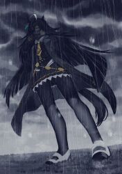 1girl ahoge animal_ears belt black_belt black_coat black_gloves black_pantyhose black_shirt black_skirt cloud cloudy_sky coat collared_shirt ear_tag earrings gloves green_eyes hair_over_one_eye hand_up horse_ears horse_girl horse_tail jewelry long_bangs long_hair looking_at_viewer manhattan_cafe_(umamusume) multicolored_hair necktie nung_(aukw4783) open_clothes open_coat pantyhose pleated_skirt rain shirt shoes single_earring skirt sky solo standing tail thick_eyebrows umamusume very_long_hair white_hair white_shoes yellow_necktie
