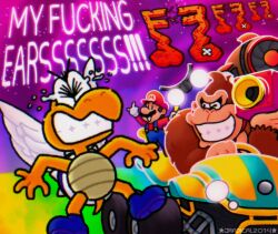 3boys big_nose black_eyes blue_footwear blue_overalls brown_hair buttons newsboy_cap clenched_teeth closed_eyes commentary donkey_kong driving english_commentary english_text facial_hair feathered_wings flying_teardrops furry furry_male gloves go-kart hat highres holding jradical2014 koopa_general letter long_sleeves looking_at_another mario mario_(series) middle_finger multiple_boys musical_note mustache necktie nintendo one_eye_closed open_mouth overalls pain profanity rainbow_road red_headwear red_necktie red_shirt shirt shoes short_hair smile solid_oval_eyes space star_(sky) steering_wheel super_horn tail teeth the_super_mario_bros._movie thick_eyebrows v-shaped_eyebrows white_gloves white_wings wings