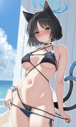 1girl absurdres animal_ear_fluff animal_ears bakeneko beach bikini bikini_bottom_pull bikini_top_lift black_bikini black_choker black_eyes black_hair black_nails black_tail blue_archive blue_bikini blue_halo blue_sky blue_tail blush breasts breath bright_pupils cat_ears cat_tail chinese_text choker cleavage clothes_lift commentary_request cowboy_shot criss-cross_straps day furrowed_brow gradient_tail halo highres kikyou_(blue_archive) kikyou_(swimsuit)_(blue_archive) layered_bikini looking_at_viewer medium_breasts multiple_tails nail_polish navel official_alternate_costume outdoors parted_lips schjuice short_hair side-tie_bikini_bottom sky solo standing sweat swimsuit tail textless_version two_tails white_pupils wristband