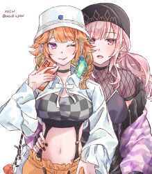 2girls absurdres alternate_costume blush breasts choker couple earrings feather_earrings feathers gradient_hair green_hair hat highres hololive hololive_english jewelry kotori_(takanashi_kiara) large_breasts long_hair looking_at_viewer mori_calliope multicolored_hair multiple_girls open_mouth orange_hair pink_hair purple_eyes smile takanashi_kiara virtual_youtuber xu_chin-wen yuri