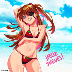 1girl absurdres arm_behind_head armpits beach bikini blue_eyes blue_sky breasts brown_hair cleavage cloud commentary contrapposto cowboy_shot day english_commentary evangelion:_3.0_you_can_(not)_redo eyepatch gamusaur gluteal_fold highres interface_headset_(evangelion) long_hair looking_at_viewer medium_breasts navel neon_genesis_evangelion ocean outdoors rebuild_of_evangelion red_bikini sky smile solo souryuu_asuka_langley spanish_text swimsuit translation_request