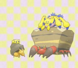 animal animal_focus artist_request bad_id bad_pixiv_id black_eyes blue_eyes bug closed_mouth crab crustle dwebble galvantula gen_5_pokemon joltik nintendo no_humans pokemon pokemon_(creature) shell smile spider yellow_eyes