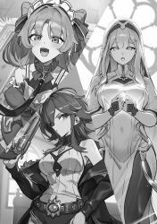 3girls ahoge animal_collar armor bare_shoulders belt bow breastplate breasts cleavage collar commentary_request crop_top cutoffs denim denim_shorts dress fur-trimmed_jacket fur_trim gesoking glint greyscale gun hair_between_eyes hair_bow halter_shirt halterneck hand_on_own_hip hand_up handgun highres holding holding_gun holding_weapon jacket jewelry large_breasts leash long_hair long_sleeves looking_at_viewer maid maid_headdress micro_shorts monochrome multiple_girls navel necklace nun off-shoulder_dress off_shoulder official_art open_mouth original own_hands_together pantyhose pelvic_curtain puffy_long_sleeves puffy_sleeves revolver shirt shorts sidelocks sideways_glance standing thighs two_side_up unconventional_maid very_long_hair weapon