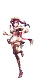 1girl artist_request bow breasts cleavage clenched_teeth clothing_cutout frills full_body game_cg garter_straps hair_bow heart_cutout high_heels highres official_alternate_costume official_art purple_eyes short_sleeves solo source_request standing standing_on_one_leg teeth transparent_background unitia wayne_(unitia)