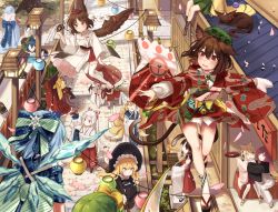 6+girls alternate_costume animal_ears animal_hat anklet bare_legs bat_wings bell black_cat black_footwear black_hat black_kimono black_ribbon black_wings blonde_hair blue_bow blue_hair blue_hat blue_kimono blunt_bangs blush boots bow box brown_footwear brown_hair camera cat cat_ears cat_tail chen cherry_blossoms cirno closed_eyes closed_mouth daiyousei dango day detached_sleeves donation_box dress earmuffs fang feathered_wings fingernails flandre_scarlet flying food fujiwara_no_mokou gradient_hair green_hair green_hat green_skirt hair_between_eyes hair_ornament hair_ribbon hair_rings hair_stick hair_tubes hakama hakama_short_skirt hakama_skirt hakurei_reimu hands_in_opposite_sleeves hat hat_ribbon highres hijiri_byakuren holding holding_umbrella ice ice_wings japanese_clothes jewelry jingle_bell kaenbyou_rin kaenbyou_rin_(cat) kaku_seiga kamishirasawa_keine kazami_yuuka kimono kirisame_marisa komeiji_koishi konpaku_youmu lantern long_fingernails long_hair long_sleeves medicine_melancholy megaphone miniskirt miyako_yoshika mob_cap multicolored_hair multiple_girls nail_polish obi oil-paper_umbrella outdoors outstretched_arms paper_lantern paw_print plaid pointy_ears pom_pom_(clothes) ponytail purple_hair red_eyes red_kimono red_nails red_ribbon remilia_scarlet ribbon ribbon-trimmed_sleeves ribbon_trim saigyouji_yuyuko saliva sandals sash shameimaru_aya shan sharp_fingernails sharp_toenails shoes sitting skirt smile socks standing star_(symbol) stuffed_animal stuffed_toy su-san sweatdrop tabard tail tassel teddy_bear thighhighs third_eye toenail_polish toenails tokin_hat touhou toyosatomimi_no_miko tray tree umbrella veil very_long_hair wagashi walking white_dress white_hair white_hat white_headwear white_kimono white_legwear white_skirt wide_sleeves wings yakumo_ran yukata