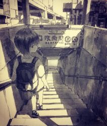 1girl absurdres backpack bag car city expressionless graphite_(medium) greyscale highres looking_back monochrome motor_vehicle original overpass shadow shirt shoes short_hair short_sleeves sign solo stairs subway_entrance tokunaga_akimasa traditional_media vanishing_point