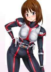 1girl blush bodysuit breasts brown_eyes brown_hair gloves hand_on_leg hand_on_own_hip hand_on_own_leg hand_on_own_thigh highres kamen_rider kamen_rider_faiz large_breasts leaning_forward legs looking_at_viewer short_hair solo sonoda_mari thighs